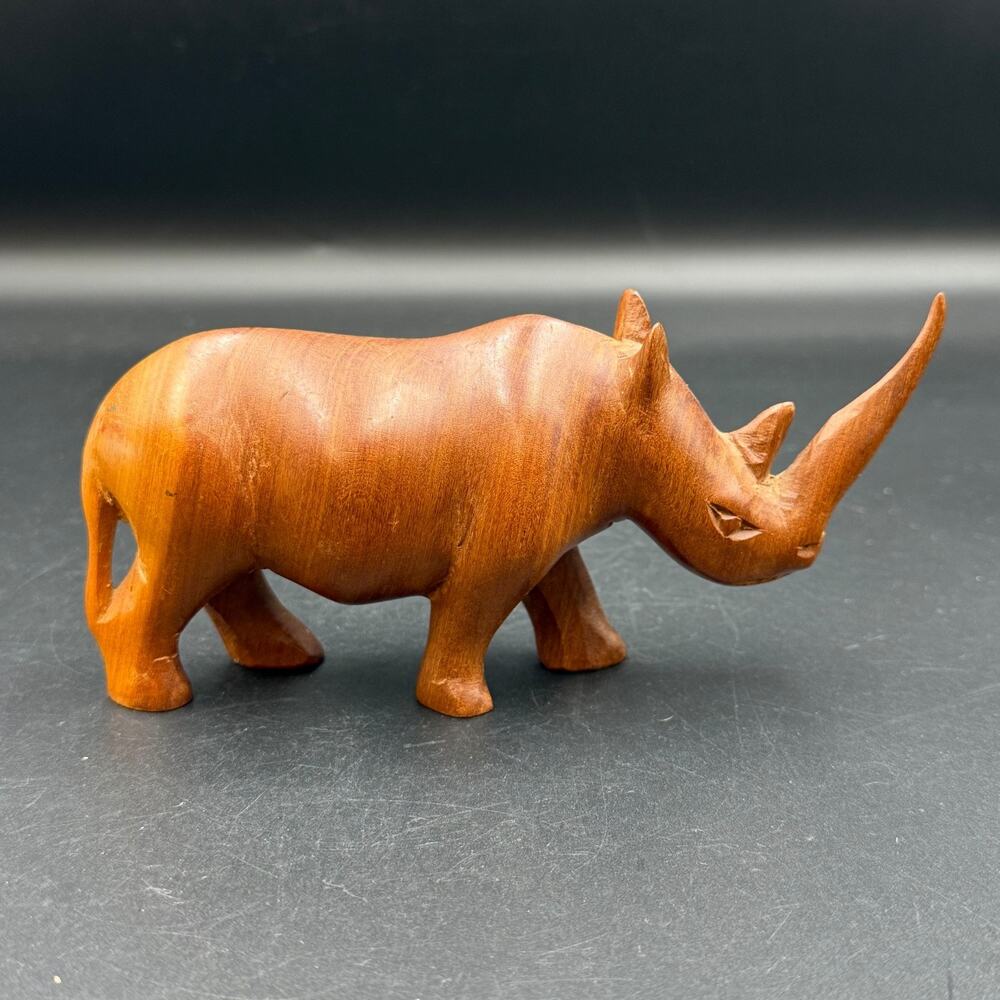 Vintage Hand Carved Wooden Rhino Figurine Solid Wood Decor